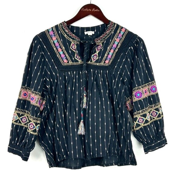 Ultra Pink Women L Top Black Gold Embroider Puff Sleeve Tassel Boho Festival N1 - Picture 4 of 12
